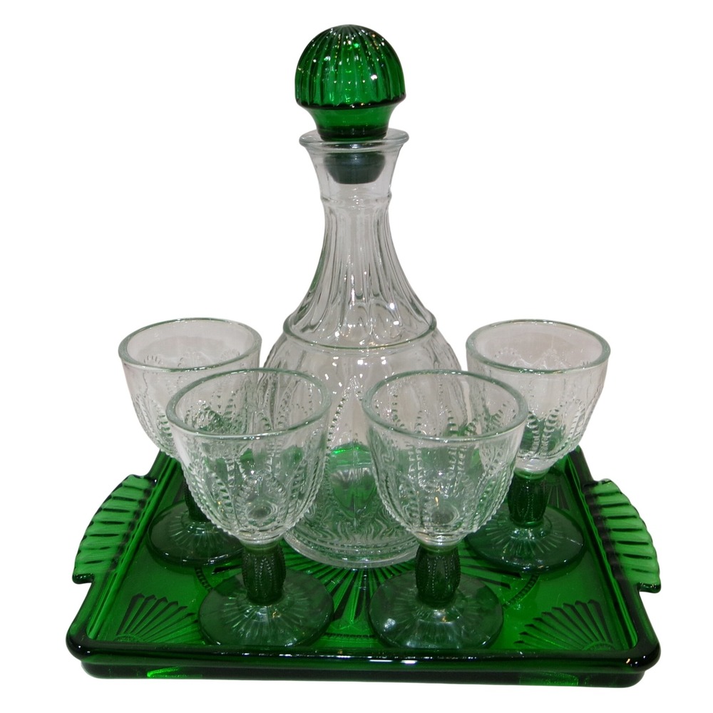 Vintage Avon Emerald Green Glass Decanter Cordial Set with Tray